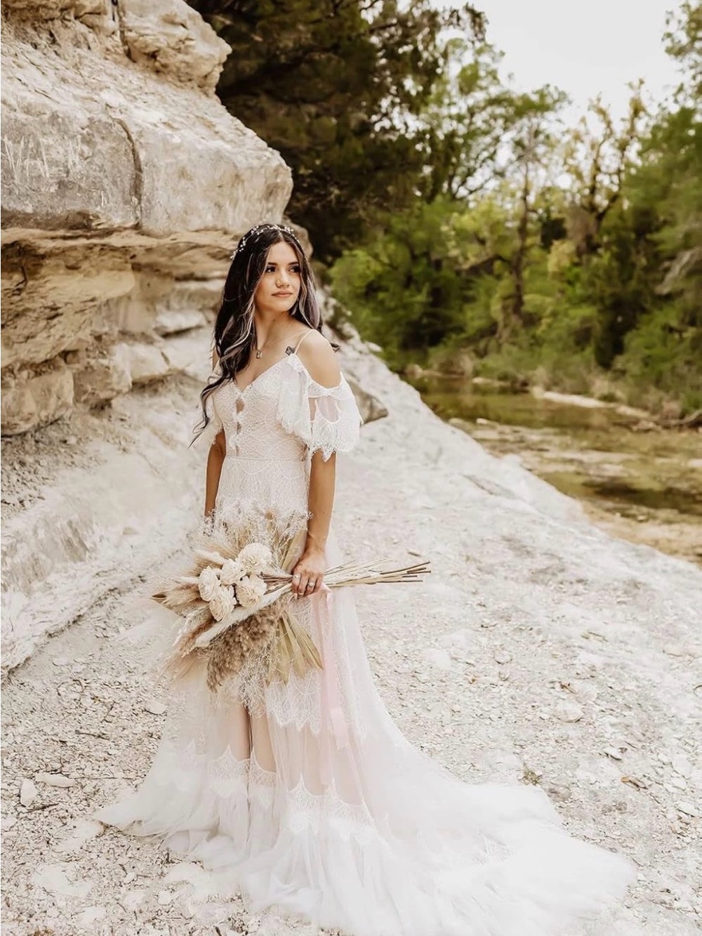 Romantic Lace Cold-Shoulder Bridal Gown in Nude Pink